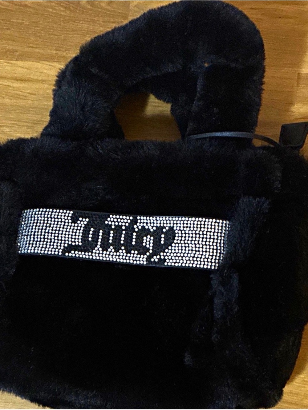 Juicy Couture Black Faux Fur Kids Tote with Rhinestone Logo Band